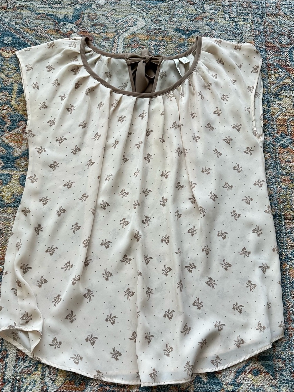 LC Lauren Conrad Cream Blouse with Taupe Floral Print and Tie Back